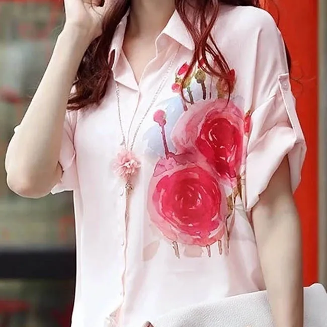 Женская розовая шифоновая блузка размера плюс с цветочным принтом свободные