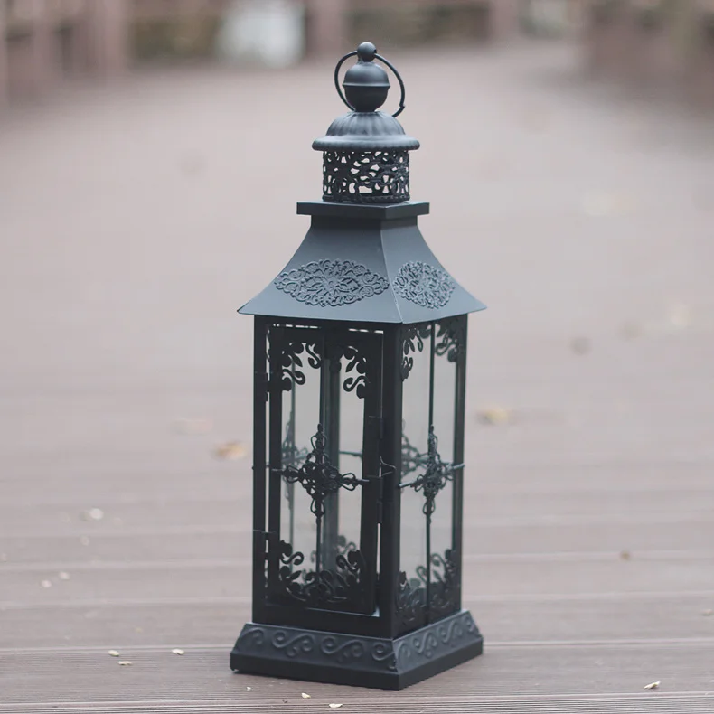 Black 12x12x41cm Креативный китайский стиль подсвечники кованого железа напольная ветровая лампа свадебное украшение в виде свечи мини фонарь украшение дома WZF116 - Color: Black 12x12x41cm