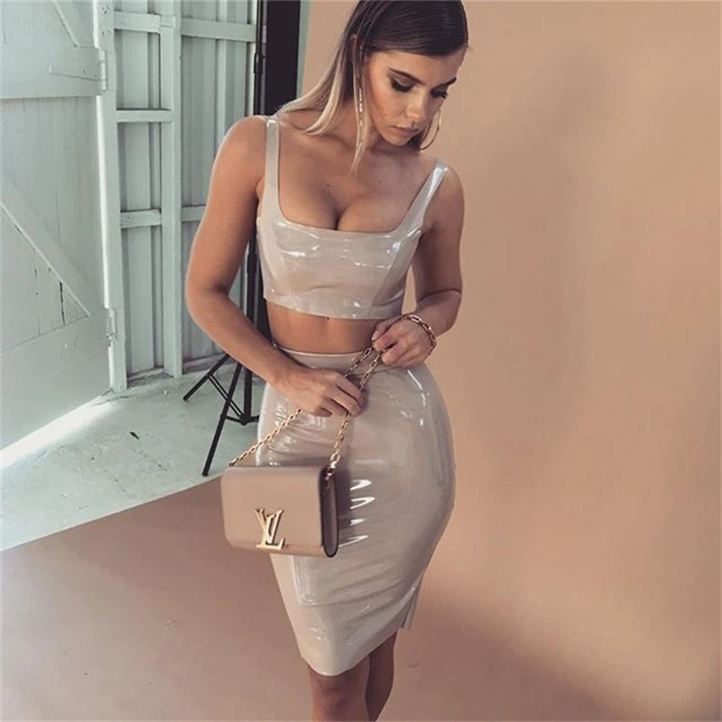 Slaygirl/Дамское Платье из искусственной кожи, Женский комплект, короткий топ на бретелях, юбка, костюм, облегающее платье, лето-осень, вечерние комплекты из двух предметов