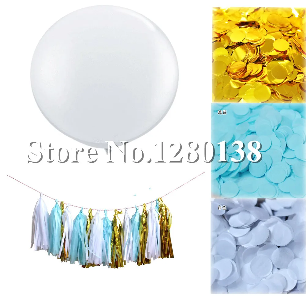 

Tissue Paper Tassel Garland 36" Party Balloons Round Paper Confetti Decoration Set Blue White Gold for 1st Birthday Baby Shower