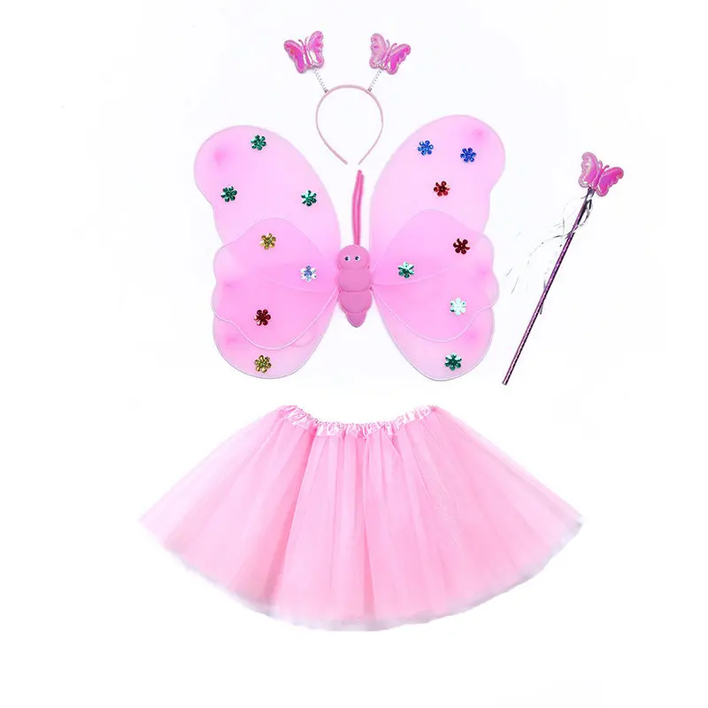 Pink tutu set Комплект из 4 предметов для маленьких девочек Фея Бабочка костюм комплект с крыльями для бальных танцев юбка-пачка палочка и повязка на голову для девочек мини-юбка принцессы пачки - Цвет: Pink tutu set