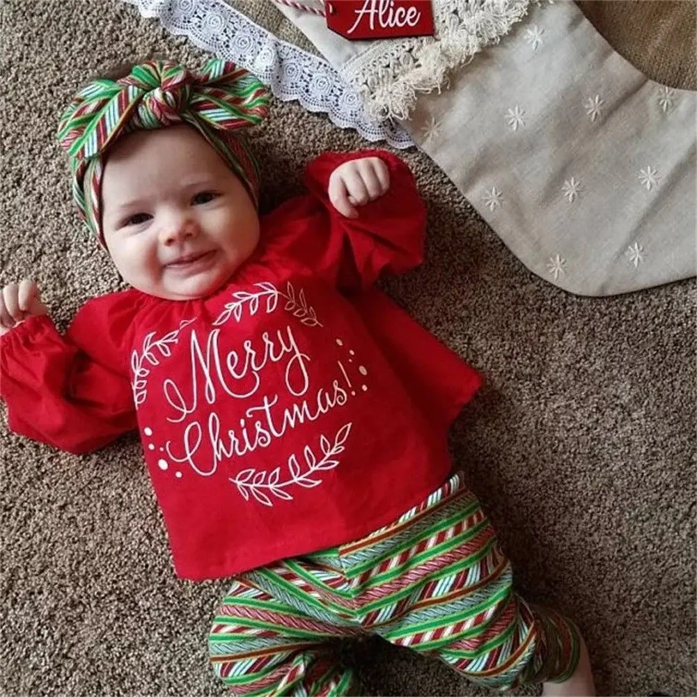 3PCS Christmas Newborn Clothing Sets Baby Girls Princess Cute Outfits Letter Top+Stripe Pants+Headbans 3Pcs Infant Suits Clothes |
