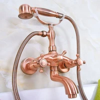 antique red copper brass dual cross handles wall mounted clawfoot bath tub faucet mixer tap with hand shower spray mna323