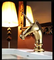 Free Shipping Unique Fashion Golden Brass Basin Faucet Deck Mounted Bathroom Horse Head Faucet Single Long Handle sink faucet