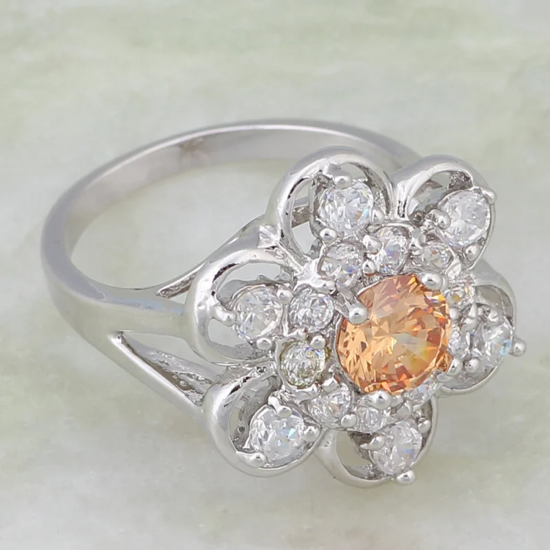 

New Statement Jewelry Women's rings Champagne crystal White gold Flower Rings jewelry size 6 7 8 9 JR021