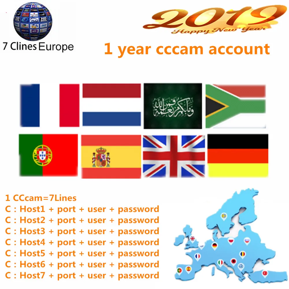 Горячая продажа 1 год Европа cccam аккаунт 7 линий dvb s2 Спутниковое ТВ reveive freesat V7S HD V8 V9