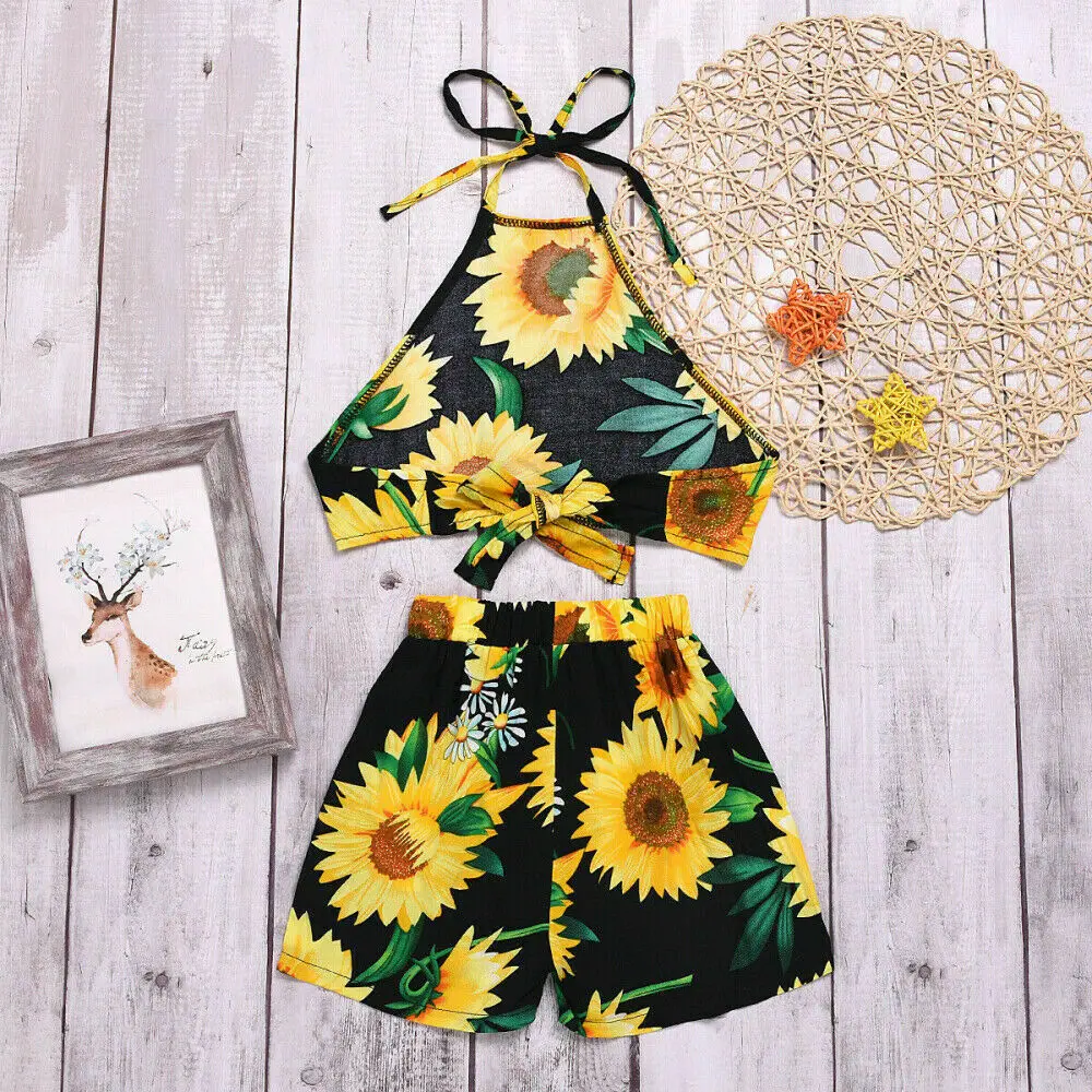 Летняя одежда для маленьких девочек с рисунком подсолнуха топы без рукавов