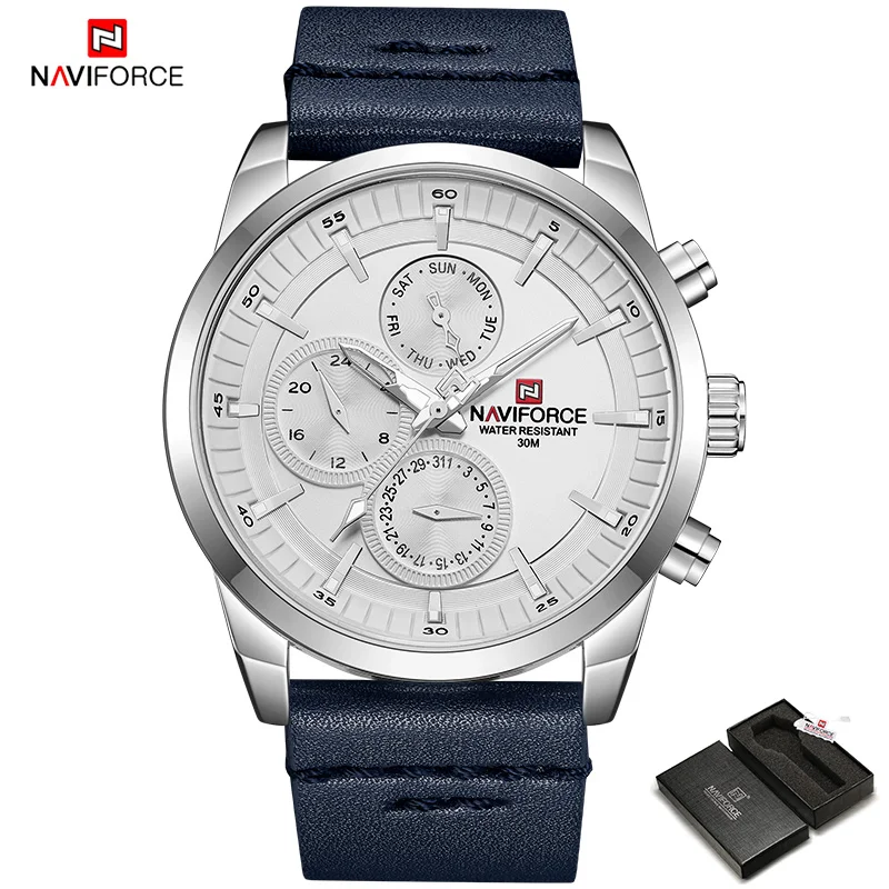 Silver-Box Мужские часы NAVIFORCE Модные Аналоговые кварцевые наручные часы с кожаным ремешком водонепроницаемые спортивные мужские часы Relogio Masculino - Цвет: Silver-Box