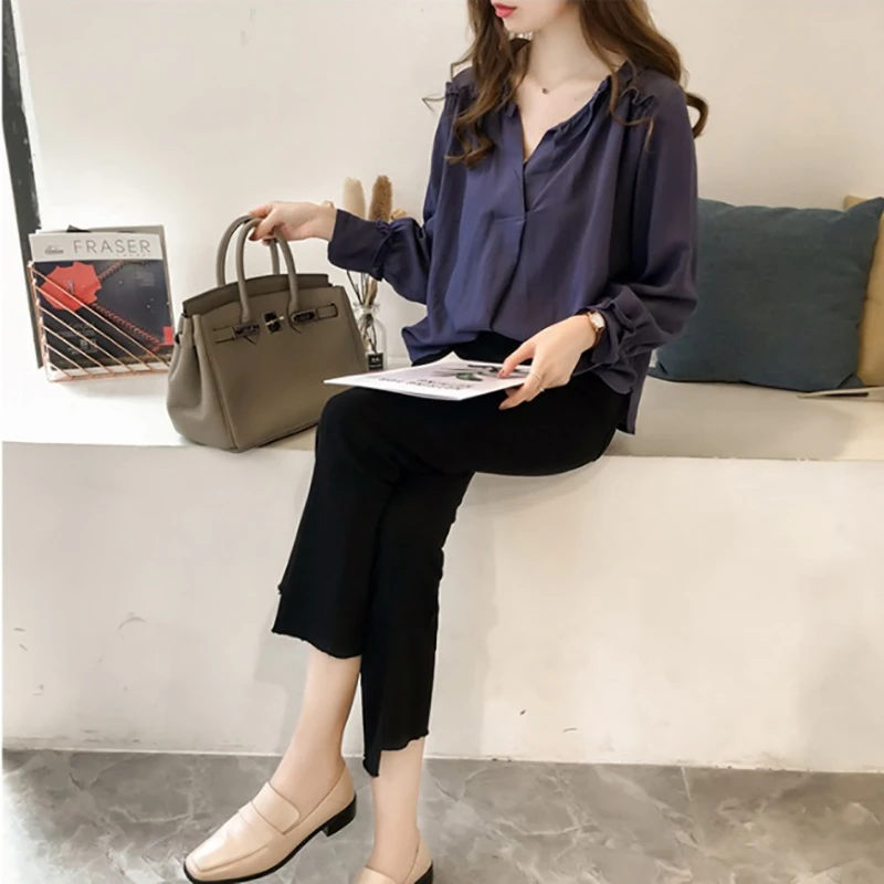 

Women Ruffled Long Sleeve Blouse Vintage Female V Neck Street Shirts Casual Elegant Blouse