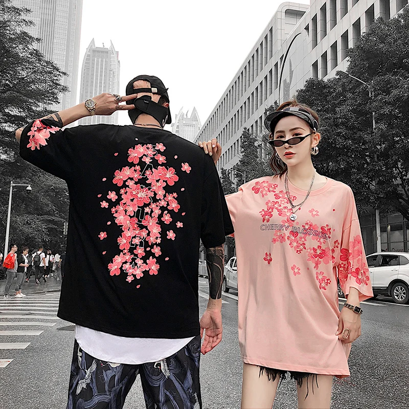 Японский уличный Harajuku уличная розовая вишневая Футболка мужская модная футболка Мужская парная хлопковая футболка хип-хоп Футболка