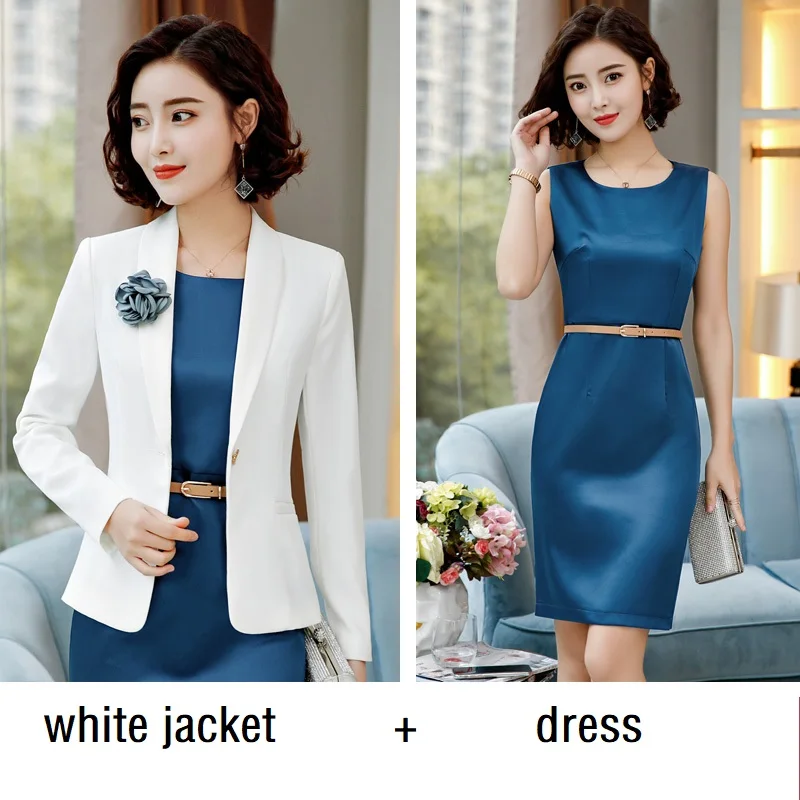 white jacket dress ACRMRAC женские костюмы Тонкий сплошной цвет пиджак платье 2-шт Набор OL вечернее женское платье костюмы женские s деловые костюмы - Цвет: white jacket dress