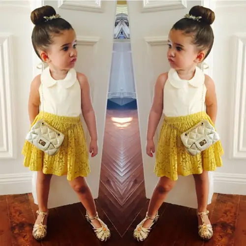 Летняя рубашка без рукавов для маленьких девочек топ + желтая юбка комплект из 2