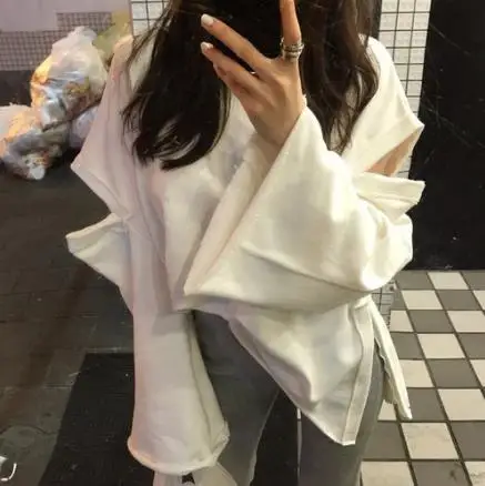 Осень зима 2019 толстовки с капюшоном в Корейском стиле свободные свитеры дырками