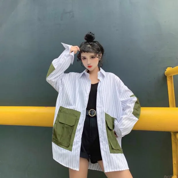 Harajuku BF стиль для женщин негабаритных в Вертикальную Полоску рубашка большой