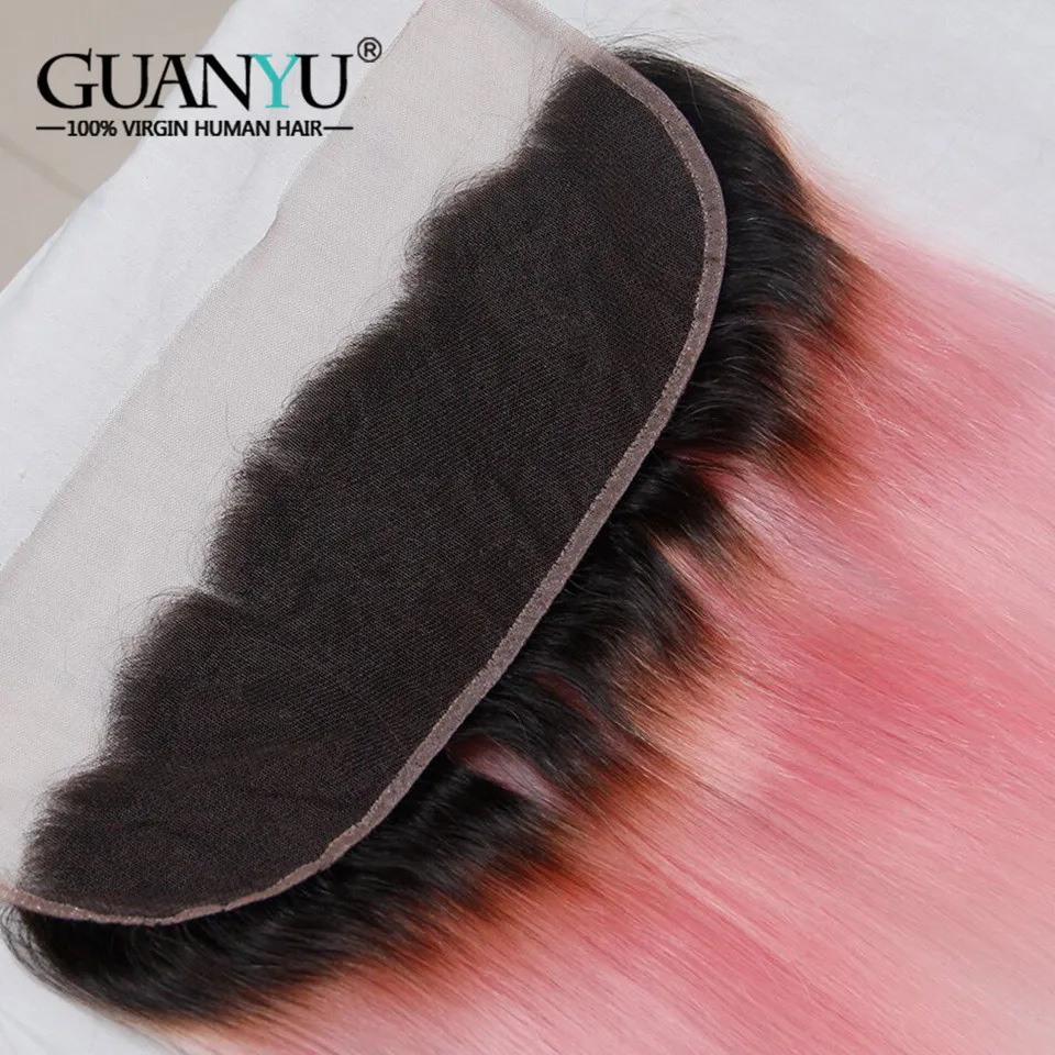 Guanyuhair# 1B/розовый прядь волос с покраской Омбре 3 Связки с 13x4 кружева Фронтальная застежка уха до уха Бразильский прямые волосы Remy человеческие волосы