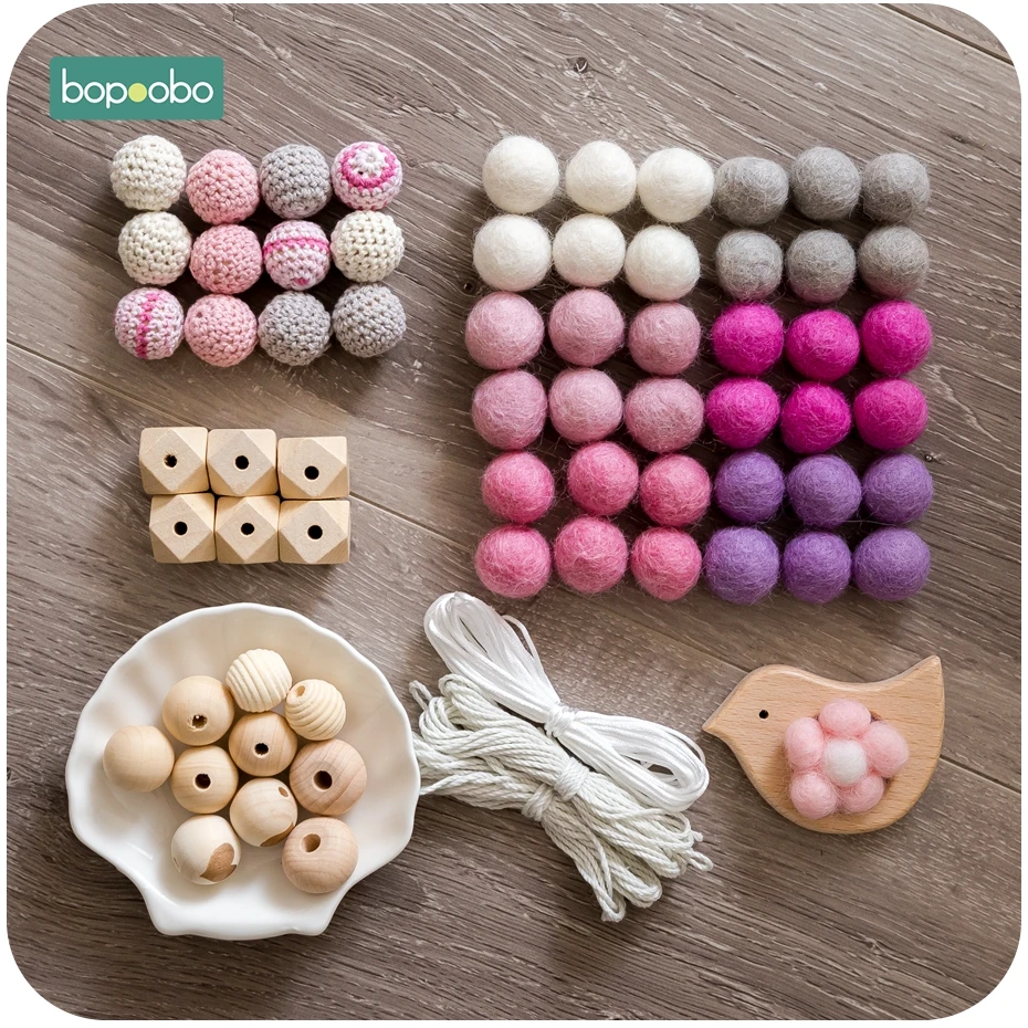 Bopoobo 1Set Baby Teether DIY Silicone Beads Pacifier Clip Chain Baby Mobile Wool ball BPA Free Wooden Crochet Beads Teether