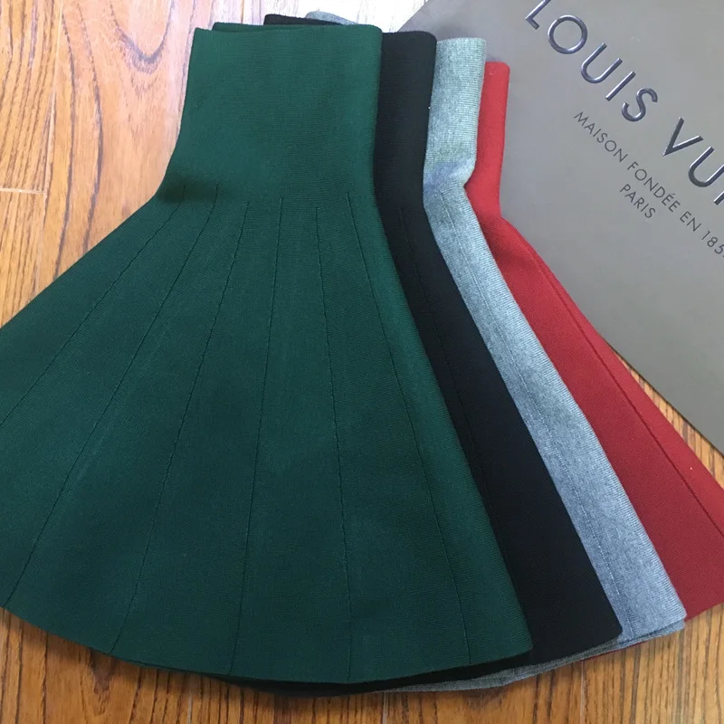 

New Women Knitted Skirt Autumn Winter Sexy Solid High Waist Short skirts Umbrella Pleated Skirt Ladies Elastic Mini Skirt AB525
