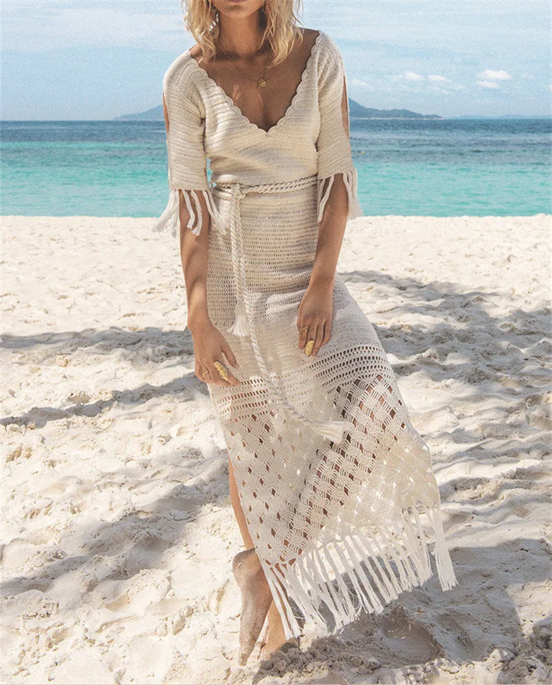 Вязаное пляжное платье туника с кисточками длинное парео Пляжная накидка