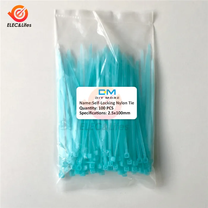 Sky blue 100 шт. самоблокирующиеся Нейлоновые кабельные стяжки 100 мм* 2,5 мм 10 см пластиковые стяжки на молнии кабель крепкая Привязка провода Органайзер Быстрый кабель - Color: Sky blue