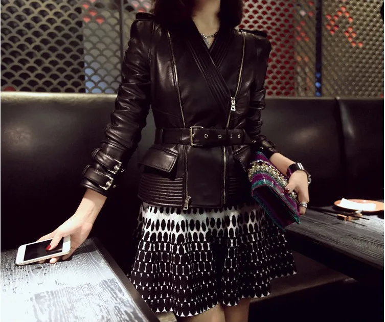 Джинсовая куртка настоящий полный Jaquetas Feminino Bomber осень новая овечья кожа женская секция тонкая куртка Локомотив большой размер