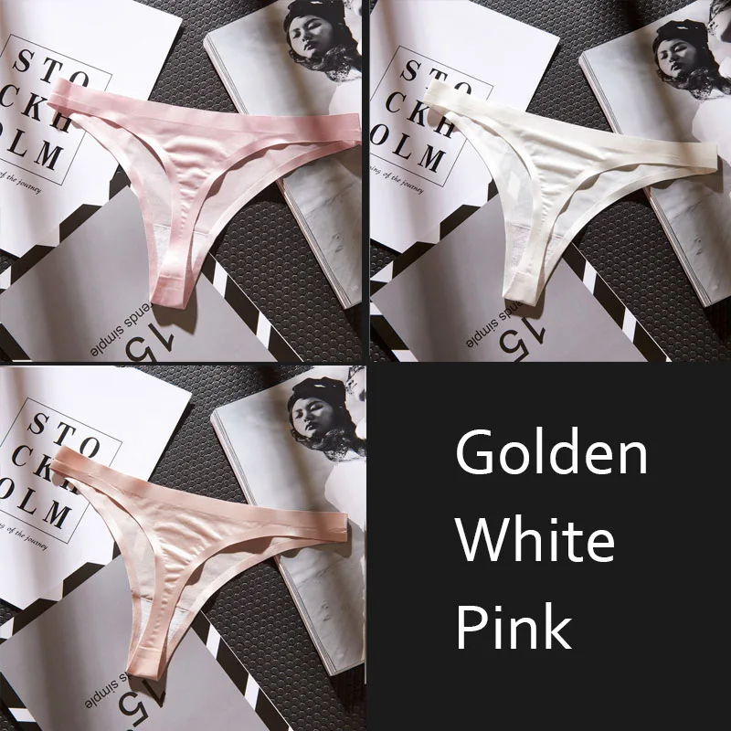 Golden Pink White DULASI бесшовные хлопковые стринги для женщин, средняя талия, сексуальные дышащие трусики-стринги, шелковые женские 3 шт./партия - Цвет: Golden Pink White