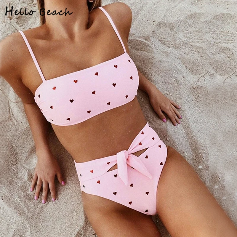 Женский купальник-бандо бикини с высокой талией и бантиком купальный костюм на