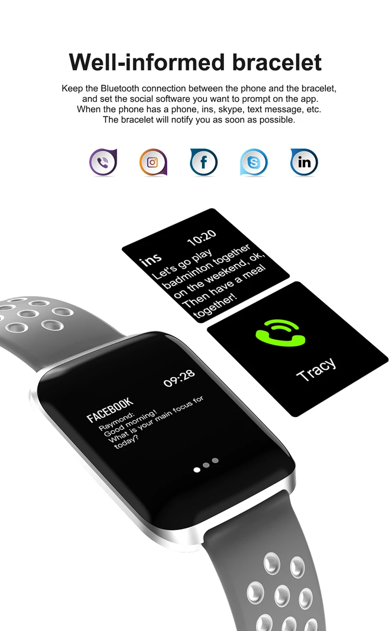 Smart Band Heart Rate Blood Pressure Fitness Tracker Bracelet Weather Call Reminder Wristband for iOS Android pk fitbits xiaomi