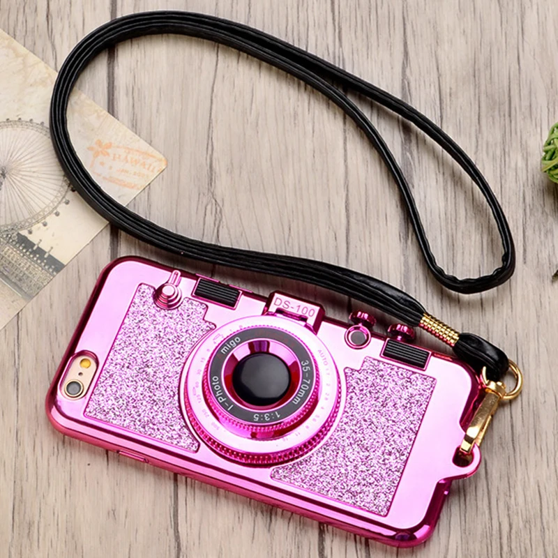 Shining Glitter Powder Camera Stand Phone Case For coque iphone X XR XS MAX 6 6s 7 8 PLUS cape Hide Makeup Mirror Cover+Lanyard |