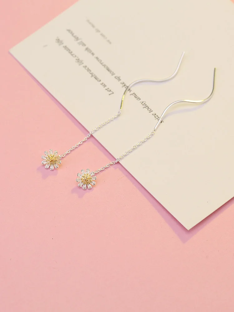 S925 Silver Earrings Серебро по заводской цене, длинные висячие серьги с маргаритками, 925 цветок, милый стиль, серьги для женщин, простые модные вечерние ювелирные изделия - Окраска металла: S925 Silver Earrings