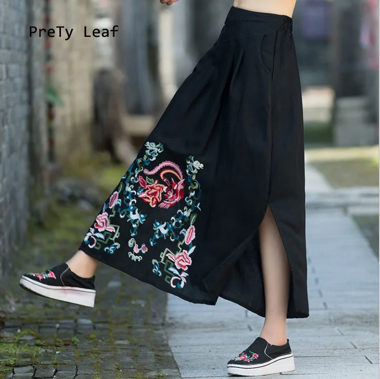 2017 Осень Национальный ветер свободные хлопковые и льняные юбка с вышивкой |