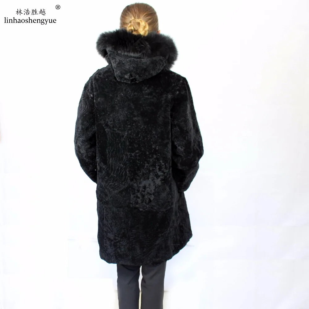Linhaoshengyue 100cm Fashion Ladies Sheep Cut Long Cap  Coat  Cap with Fox Fur Collar  Freeshipping