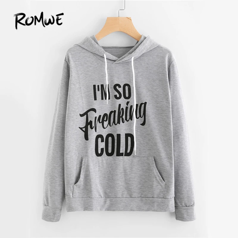 ROMWE Slogan Print серый толстовки письмо печати Для женщин Графический краткое худи карман Толстовка новые осенние толстовки с длинными рукавами