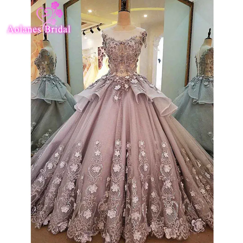 Real Photo 2017 Saudi Arabia Luxury Gray Lace Ball Gown Wedding Dress Vestido Vintage Bandage Plus Size Bridal Dresses | Свадьбы и