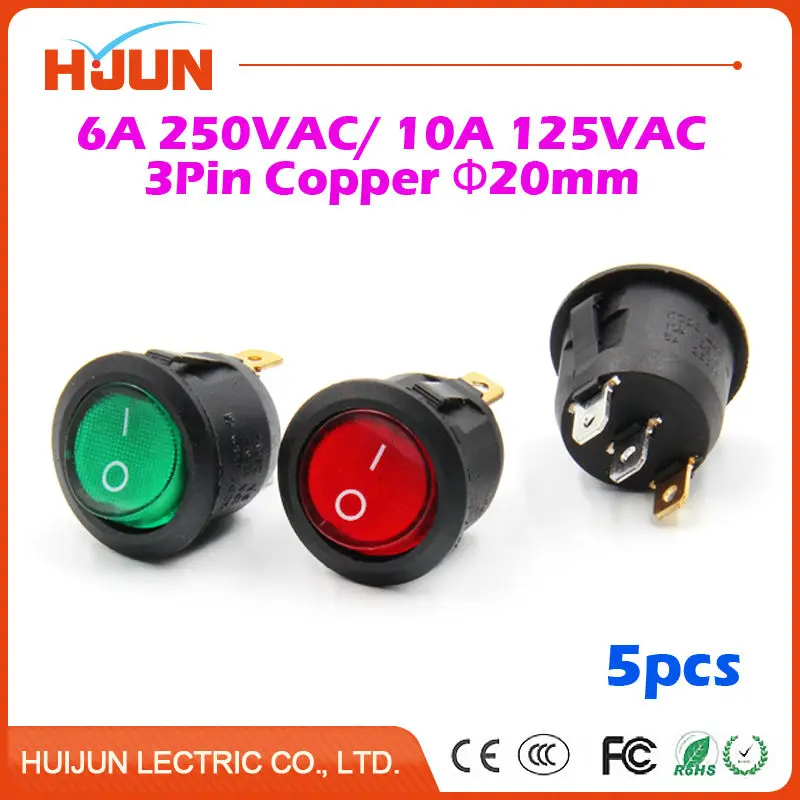 

5pcs 3Pin 20mm On-Off-On SPST Round Copper Boat Rocker Switch Red Green LED Light 6A 250VAC 10A 125VAC Car Dash Dashboard Truck