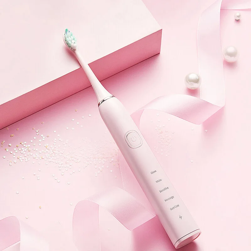 Pink Водонепроницаемая звуковая электрическая зубная щетка 5 режимов мощности звуковая Вибрирующая зубная щетка портативная перезаряжаемая беспроводная звуковая зубная щетка - Цвет: Pink