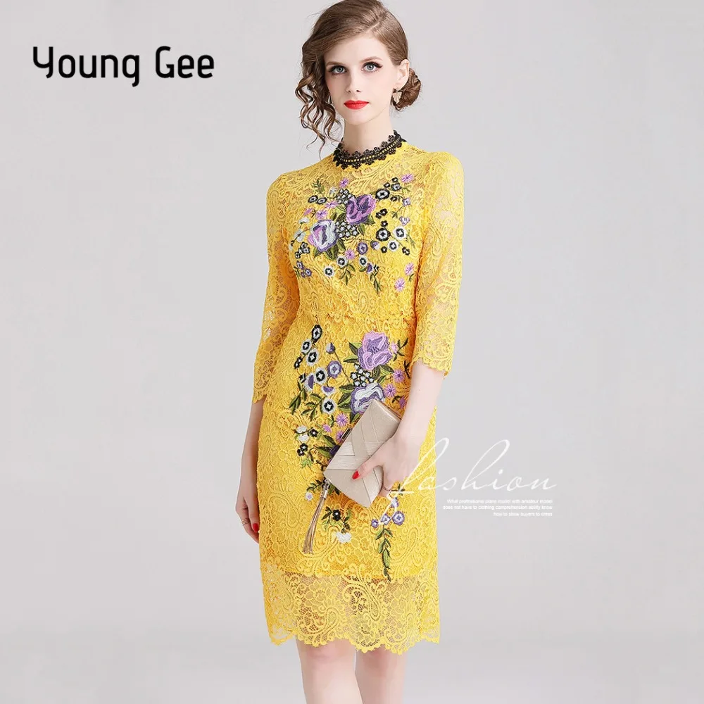 Young Gee/желтые кружевные винтажные вязаные вечерние платья для женщин с круглым