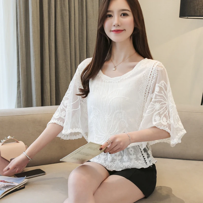 Модная летняя шифоновая блузка с круглым вырезом хлопковые кружевные блузки