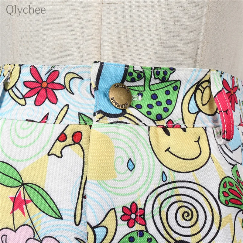 Qlyhchee Cartoon Scrawl Cross Lace Up Skirt Zipper Button Waist Women Mini Skirts Spring Summer Casual Sweet Female Short | Женская