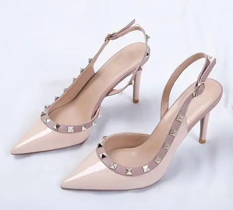 Hersevll Rivet High Heels Women's Sandals New Summer Large Size Thin Heel Sexy Top Single Shoe Pointed Toe Women's Sandals - Цвет: Розовый