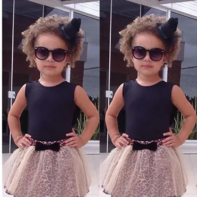 2017 Summer Kids Baby Girl clothes set Sleeveless Tops t-shirt + leopard bow-knot Tulle tutu dress 2Pcs Outfits sets | Детская одежда и