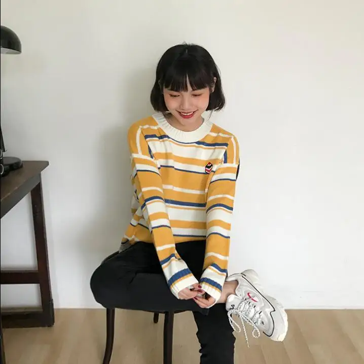 Цвет: желтый Женские свитера японский Kawaii Ulzzang полосатый мультяшный вышитый торт свитер женский корейский Harajuku одежда для женщин - Цвет: Цвет: желтый