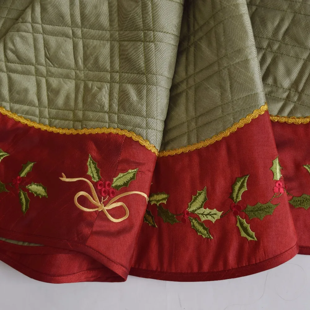 Sorrento 50" Linen Slub Look diamond check quilted Christmas tree skirt Holly Leaves Embroidery Border bowknot decoration skirt