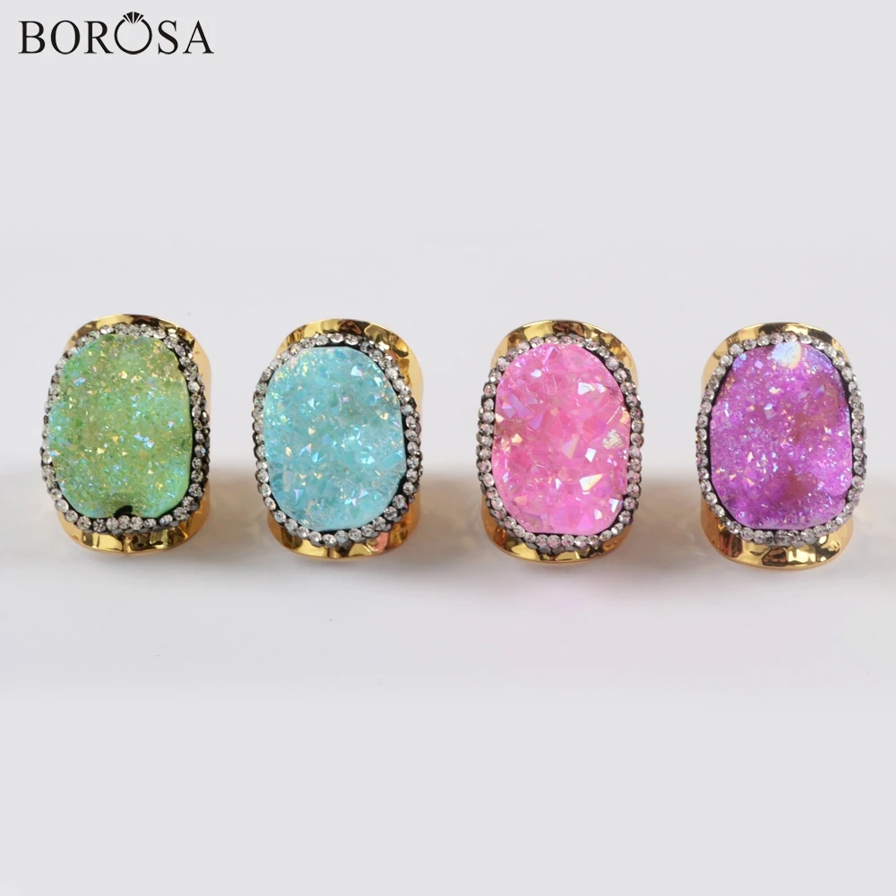 

BOROSA 5Pcs Fashion Gold Color Rhinestone Paved Natural Agates Druzy Band Ring Rainbow Electroplated Drusy Rings Jewelry JAB964