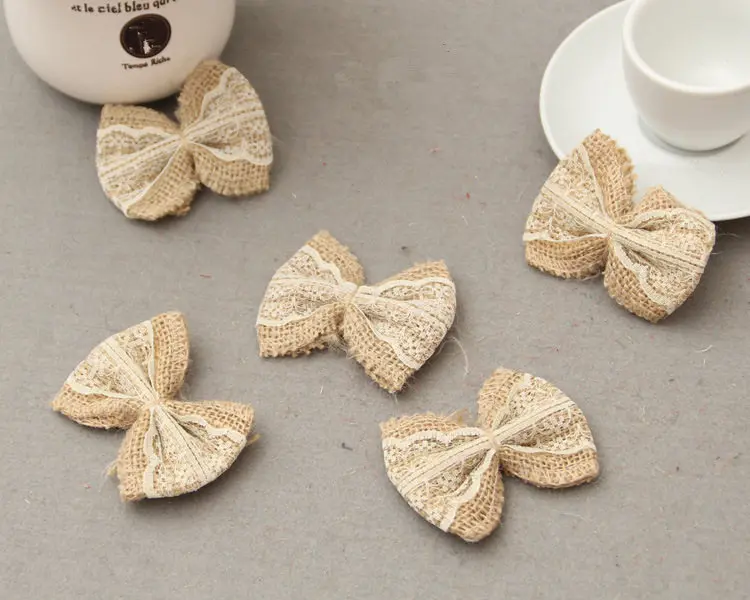 Свадебное украшение в деревенском стиле джутовые белые кружевные банты лента из