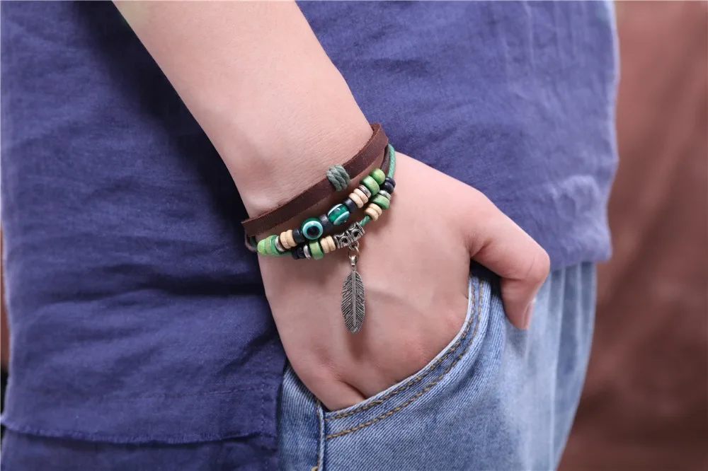 Real Leather Bracelets for Women Men Jewelry Feather Charm pulseira masculina feminina erkek bileklik Punk bracelet | Украшения и