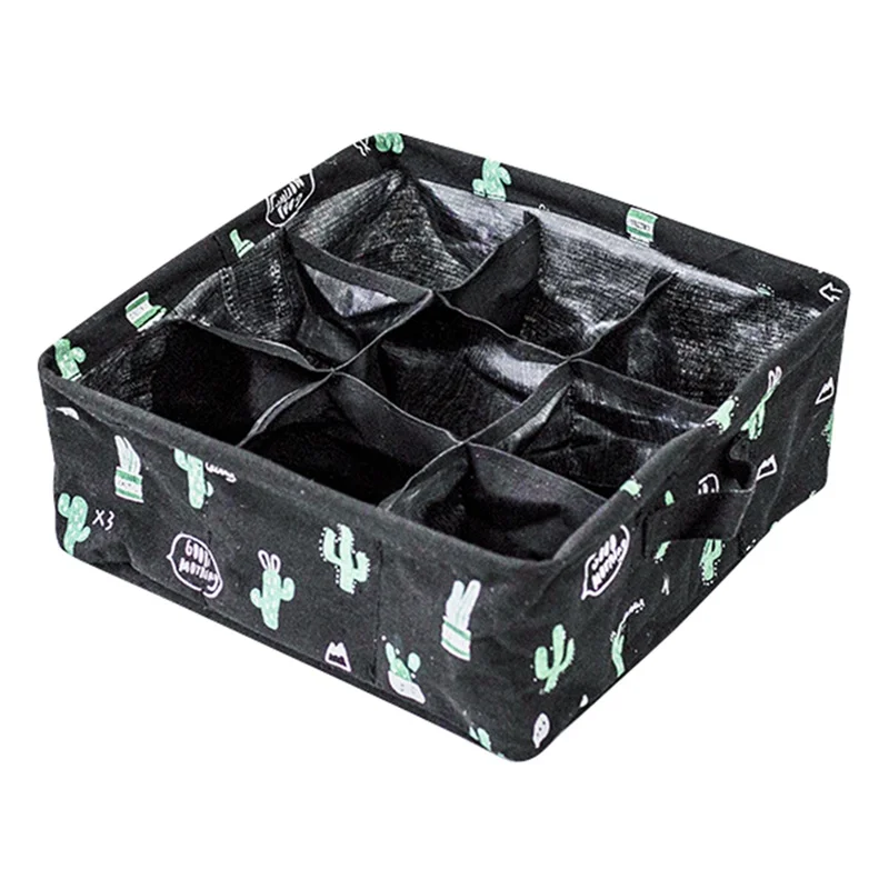 9 Grids Cactus Print Storage Box Cotton Linen Clothing Storage Sundries basket Home Organizer - Цвет: Black