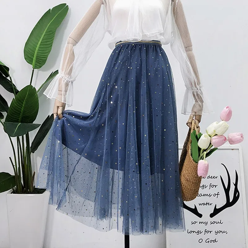 

2019 Spring and summer five-pointed star new female Sweet High Waist Slim Mesh Skirt women's elegant Pleated Skirt