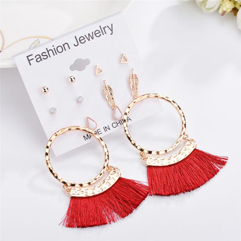 New Bohemian Tassel Earrings Set For Women Jewelry Triangles Round Rhinestone Stud Ear Boucle D'oreille | Украшения и