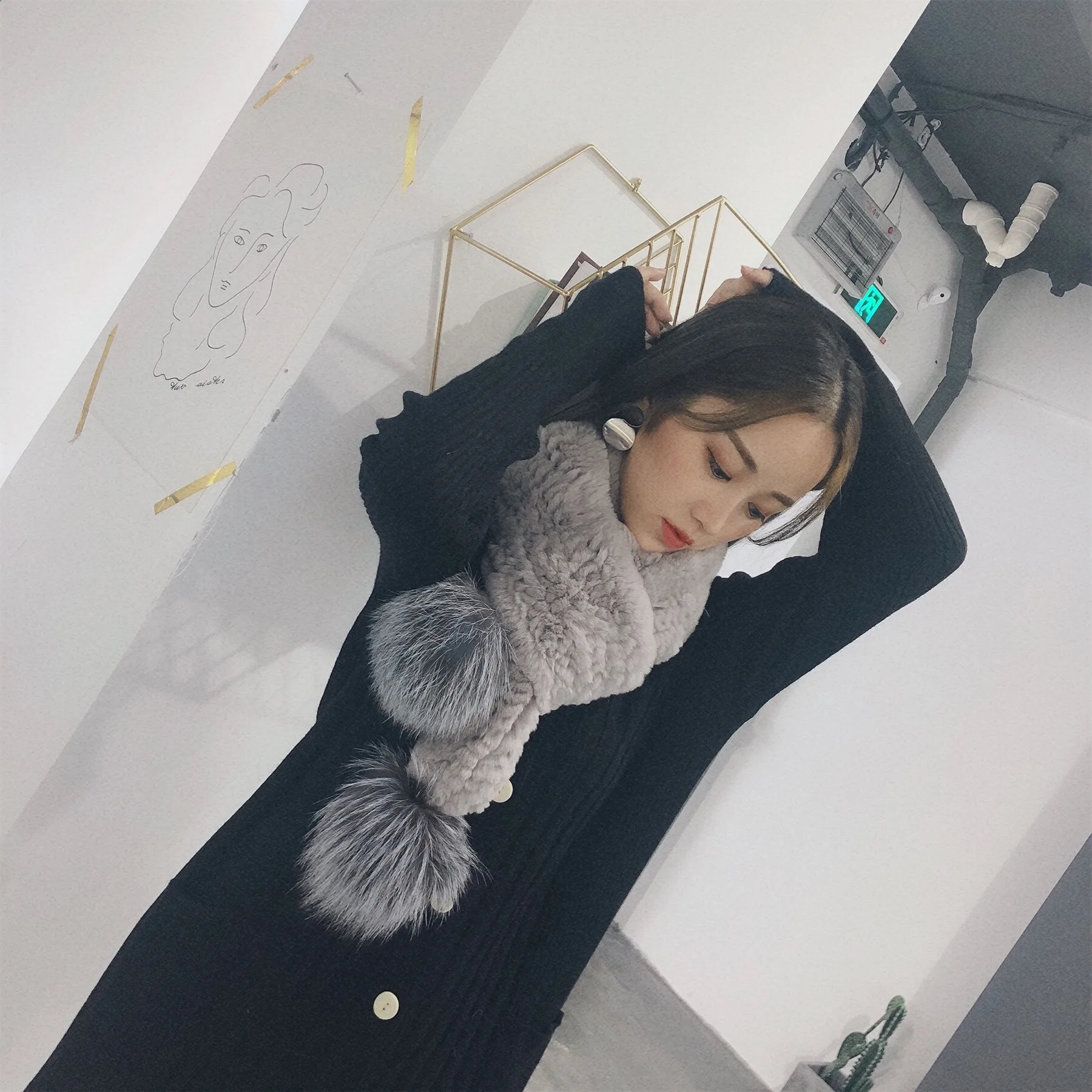 Real Fox Fur Big Pompom Natural Scarf Women Rex Rabbit Scaves Winter sc0005 | Wraps