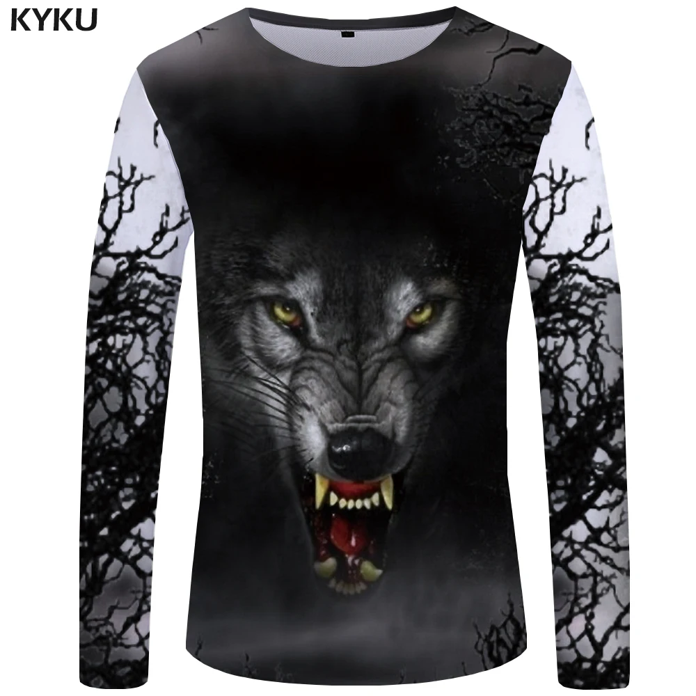 KYKU Wolf футболка мужская с длинным рукавом Футболка животного крутой хип хоп Черный Аниме одежда Япония мужская одежда мода человек тонкий